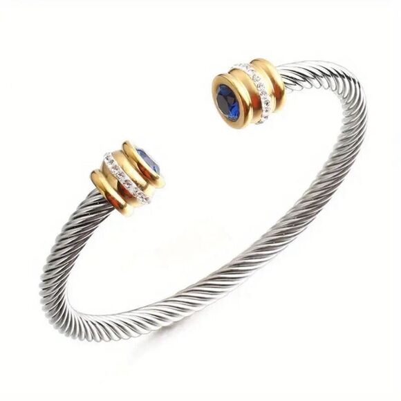 Silver Twisted Sapphire Birthstone & Crystal Cable Cuff Bangle Bracelet New - Picture 1 of 8